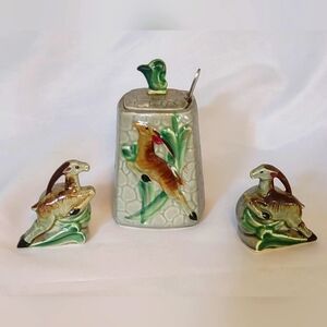 Vintage Batlin Leaping Antelope Ceramic Honey Pot w Spoon & Salt/Pepper Shakers